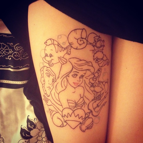 Black Outline Little Mermaid In Frame Tattoo On Right Thigh