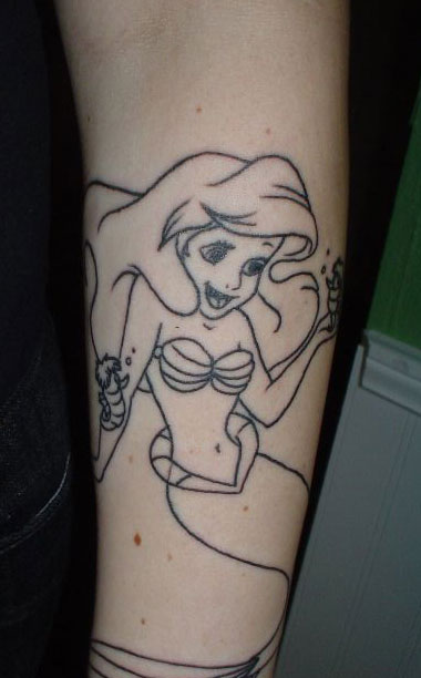 Black Outline Little Mermaid Tattoo On Forearm