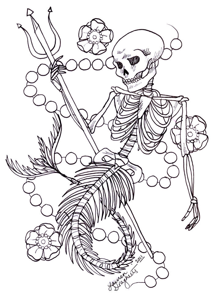 Black Outline Mermaid Skeleton With Trident And Flowers Tattoo Stencil