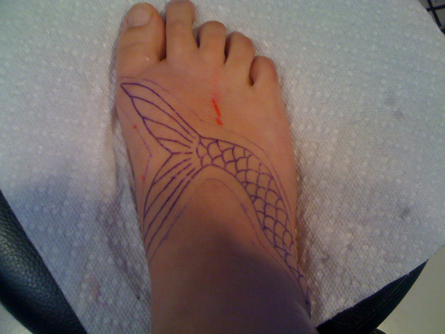 Black Outline Mermaid Tail Tattoo On Right Foot