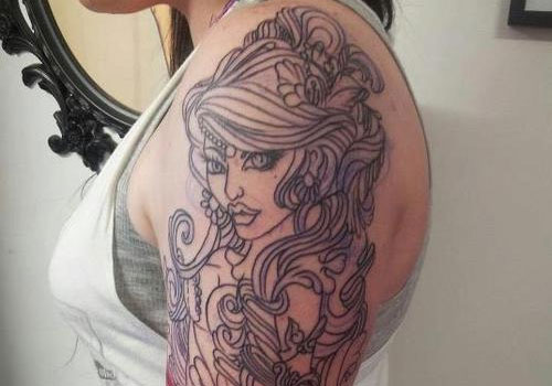 Black Outline Mermaid Tattoo On Girl Left Shoulder