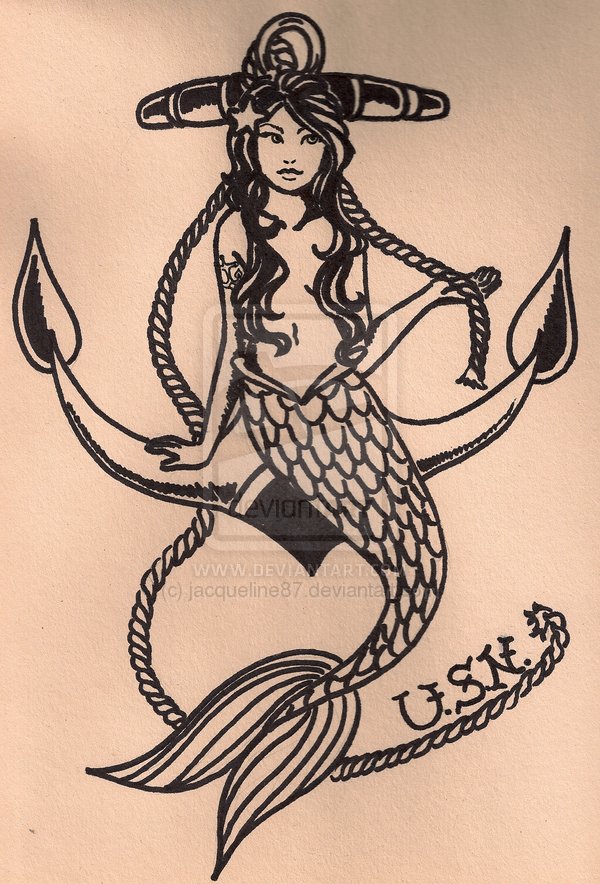 Black Outline Mermaid With Anchor Tattoo Design By SpaceCoyote