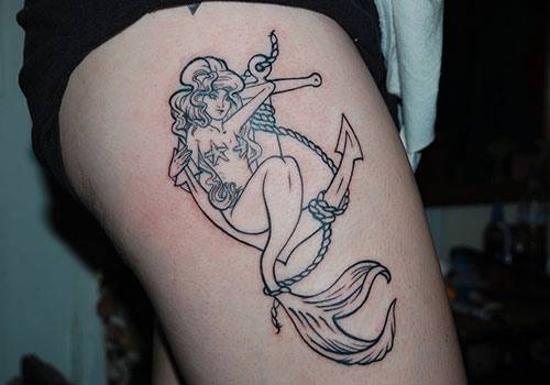 Black Outline Mermaid With Anchor Tattoo On Right Side Thigh