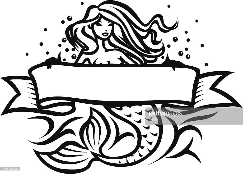 Black Outline Mermaid With Ribbon Tattoo Stencil