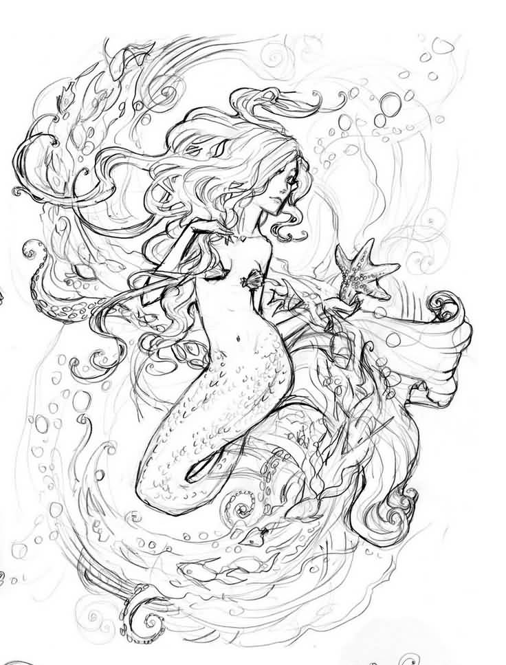 Black Outline Mermaid With Starfish Tattoo Design