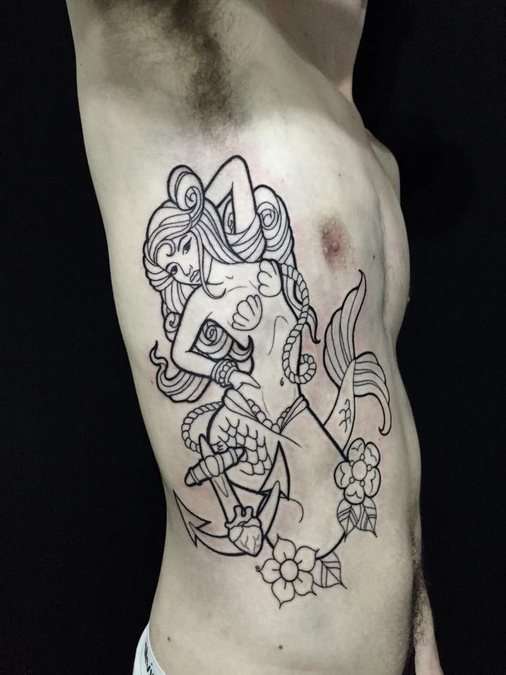 Black Outline Neo Mermaid With Anchor And Flowers Tattoo On Man Right Side Rib