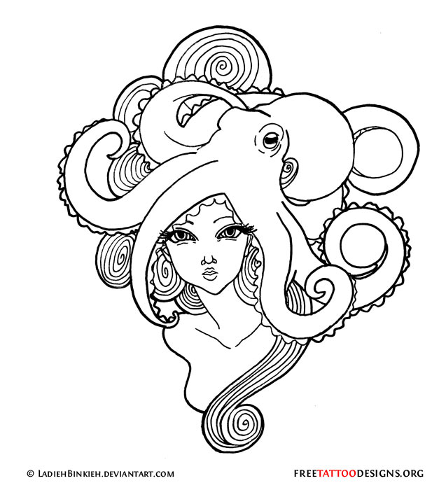 Black Outline Octopus On Girl Head Tattoo Design