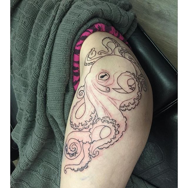 Black Outline Octopus Tattoo On Girl Left Hip