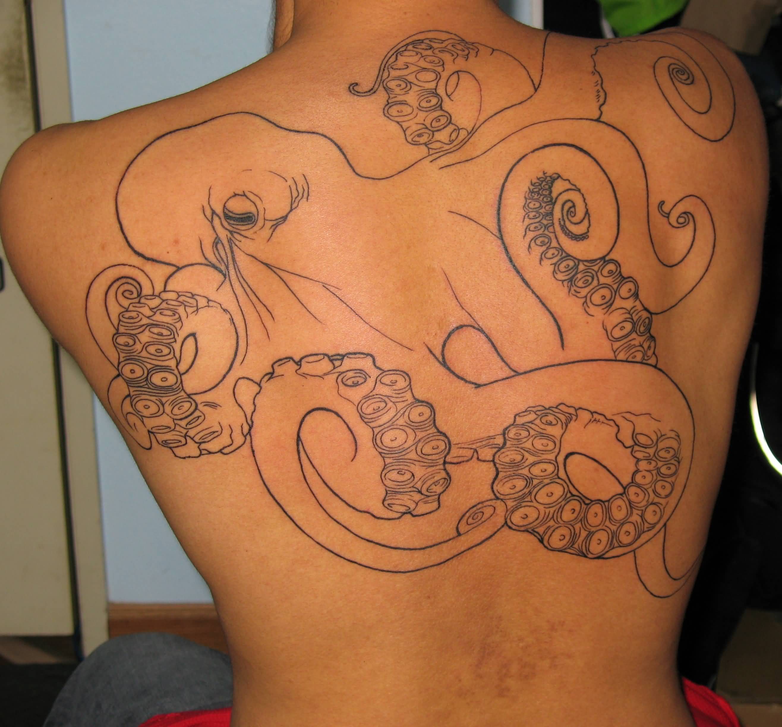 Black Outline Octopus Tattoo On Upper Back