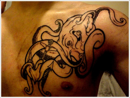 Black Outline Octopus With Anchor Tattoo On Man Left Chest