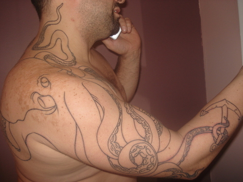 Black Outline Octopus With Anchor Tattoo On Man Right Half Sleeve