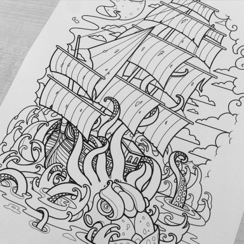 Black Outline Octopus With Ship Tattoo Design