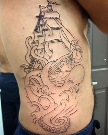 Black Outline Octopus With Ship Tattoo On Man Right Side Rib