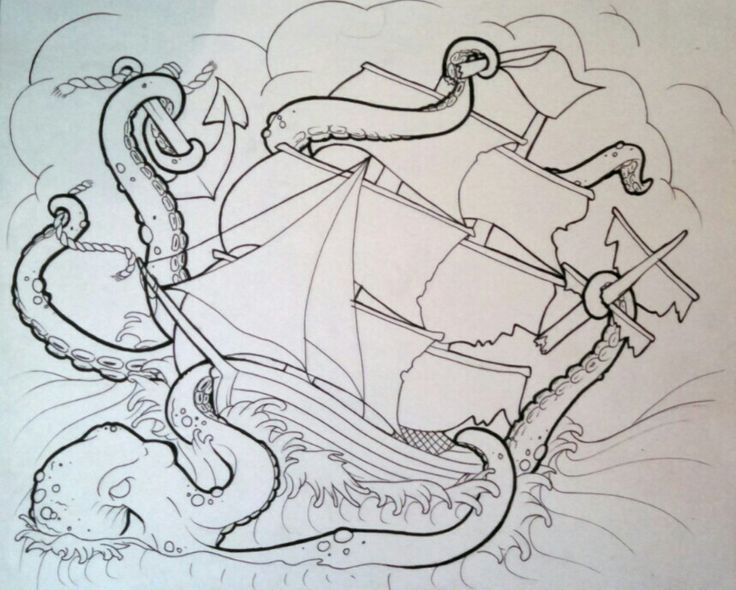 Black Outline Octopus With Ship Tattoo Stencil
