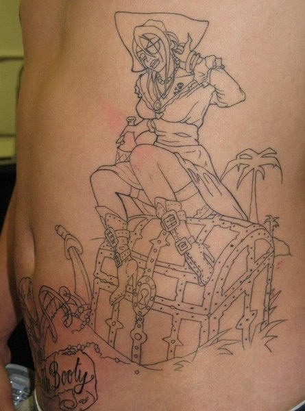 Black Outline Pirate Girl Tattoo On Man Left Side Rib