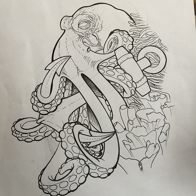 Black Outline Pirate Octopus With Anchor Tattoo Design