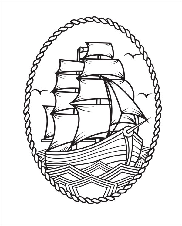 Black Outline Pirate Ship Frame Tattoo Stencil By Omar Cruz