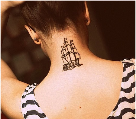 Black Outline Pirate Ship Symbol Tattoo On Girl Back Neck
