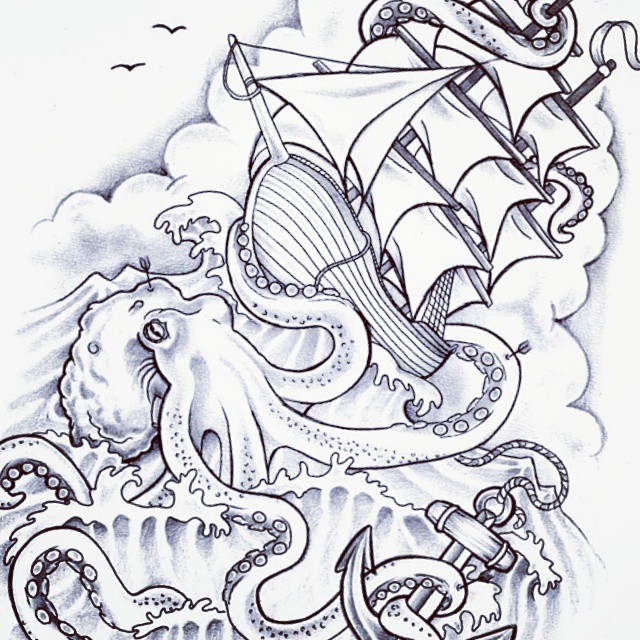 Black Outline Pirate Ship With Octopus Tattoo Design