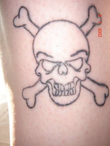 Black Outline Pirate Skull With Crossbone Tattoo Design For Sleeve