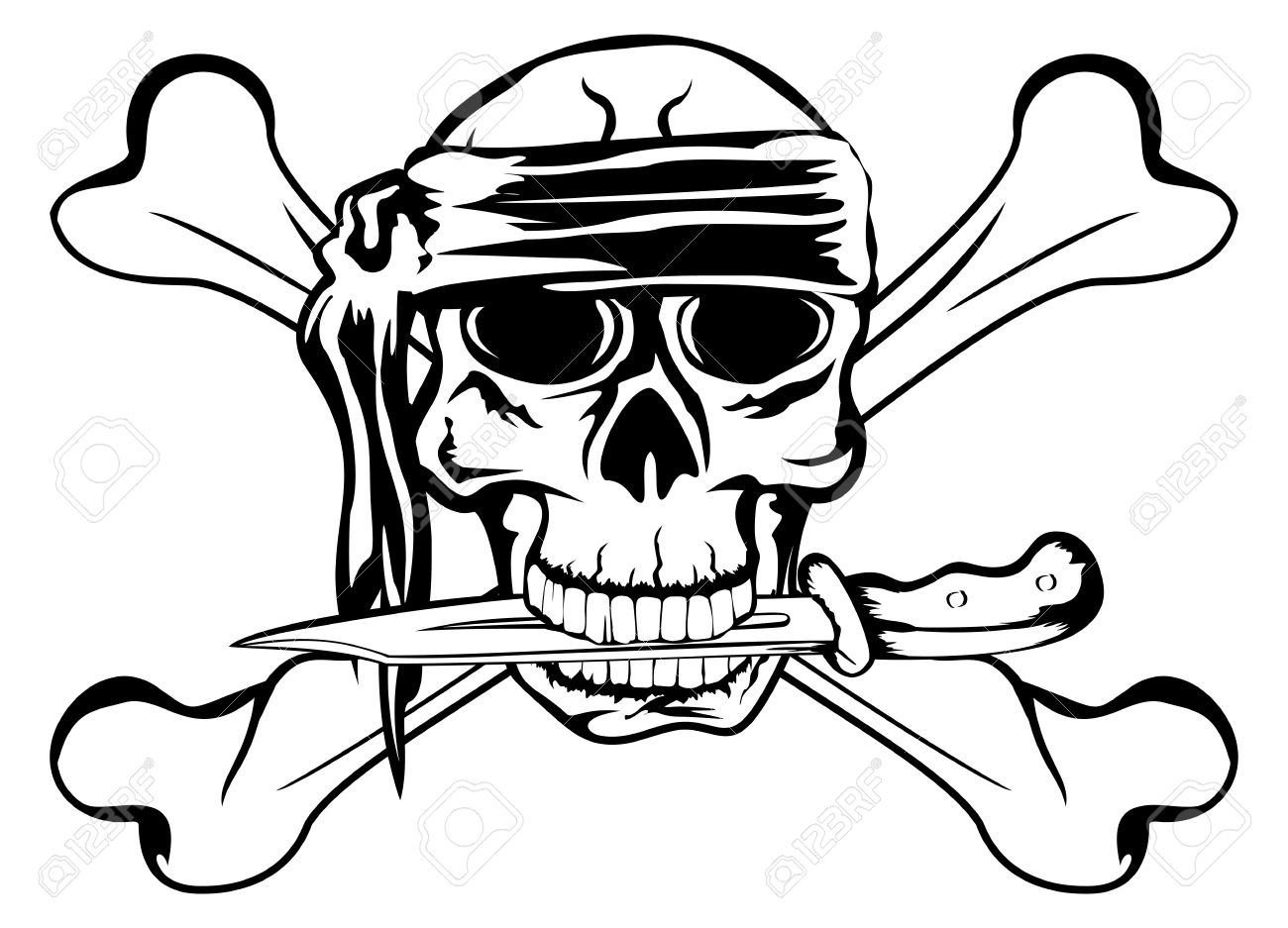 Black Pirate Skull With Crossbone With Knife Tattoo Stencil