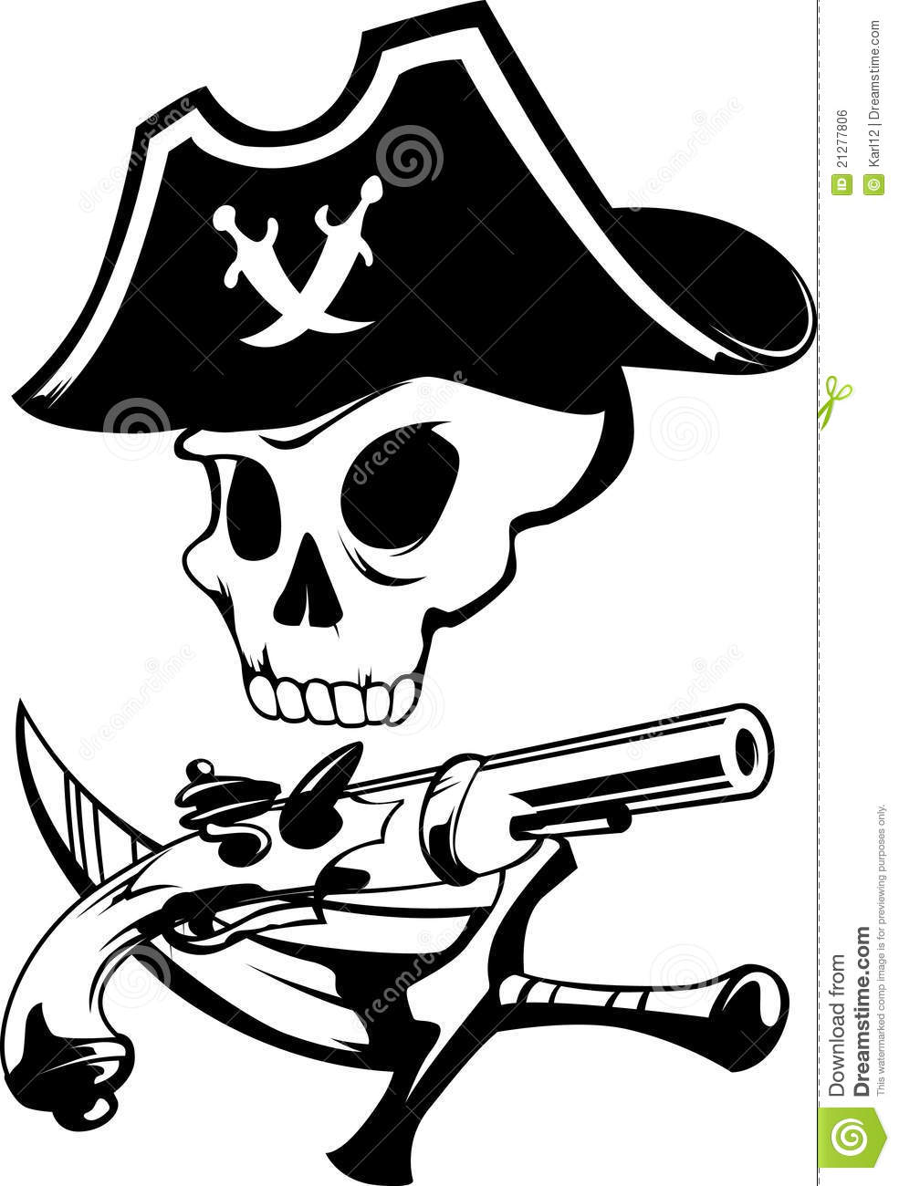 Black Pirate Skull With Gun And Sword Symbol Tattoo Stencil