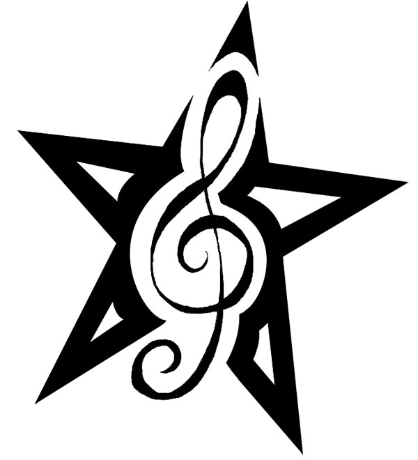 Black Star And Violin Key Star Tattoos Design
