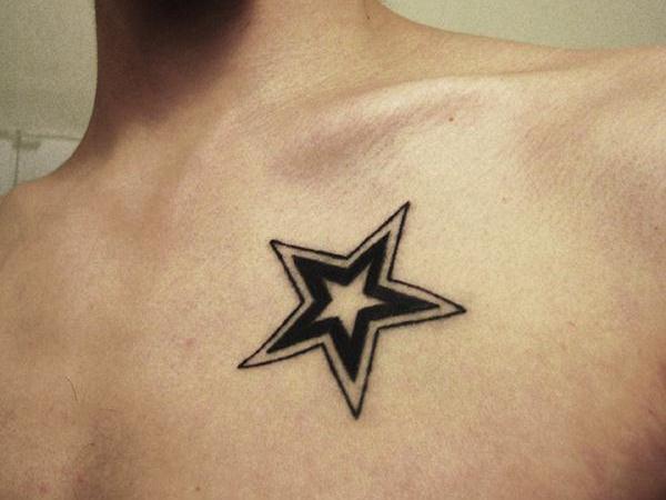 Black Star Tattoo On Man Front Shoulder