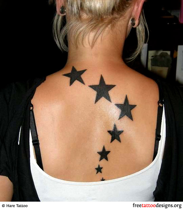 Black Star Tattoos On Girl Back Body