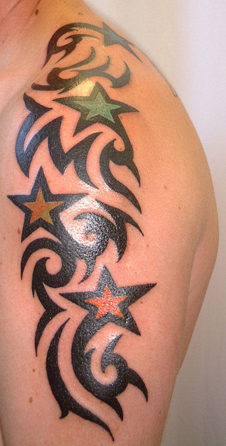 Black Tribal And Star Tattoos On Half Sleeve