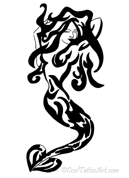 Black Tribal Mermaid Tattoo Stencil
