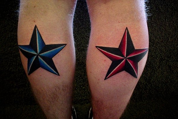 Blue And Red Nautical Star Tattoos On Leg Calf