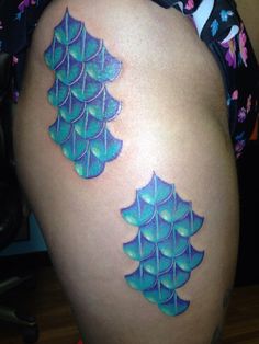 Blue Ink Mermaid Scale Tattoo On Girl Right Side Thigh