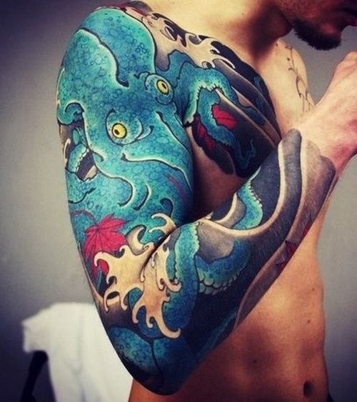 Blue Ink Octopus Tattoo On Man Right Half Sleeve