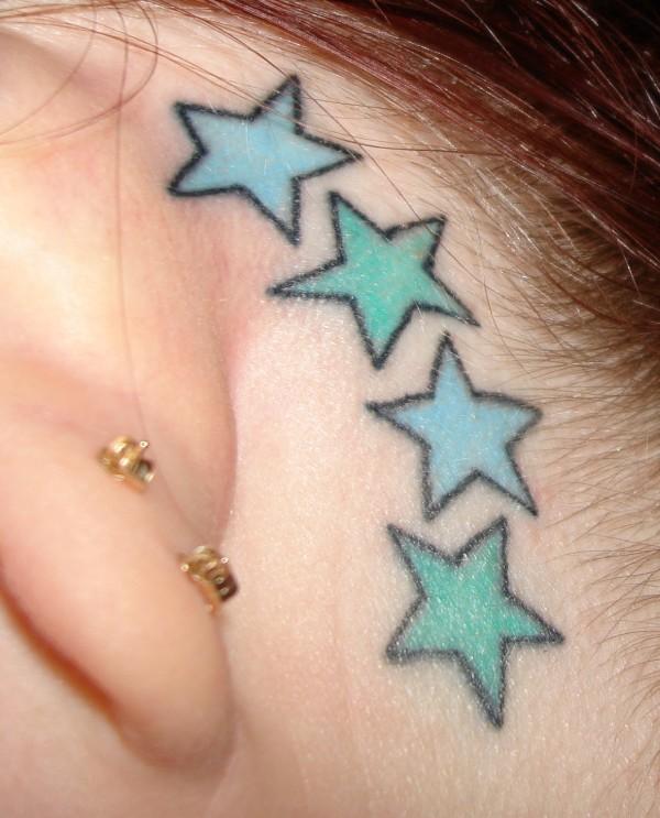 Blue Ink Star Tattoos Behind Ear