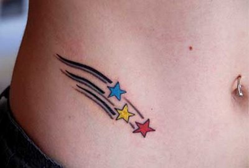 Blue Yellow And Red Star Tattoos On Hip