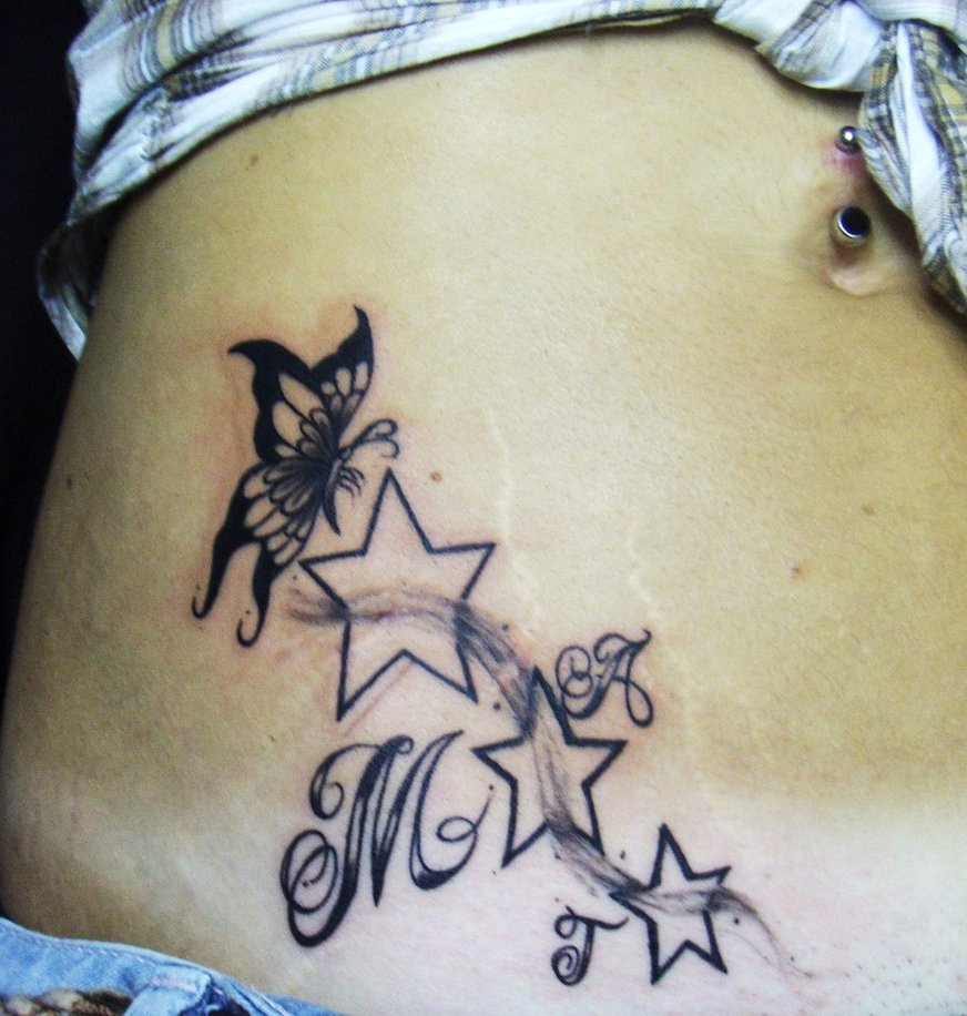 Butterfly And Star Tattoos On Hip