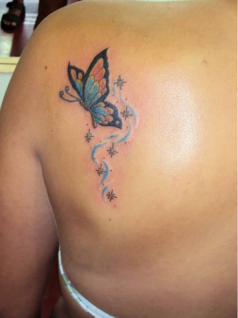 Butterfly And Star Tattoos On Left Back Shoulder