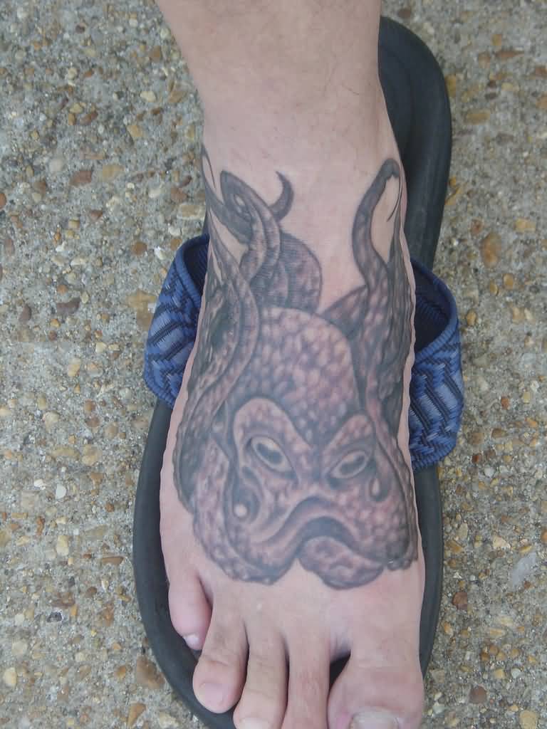 Classic Black And Grey Octopus Tattoo On Right Foot