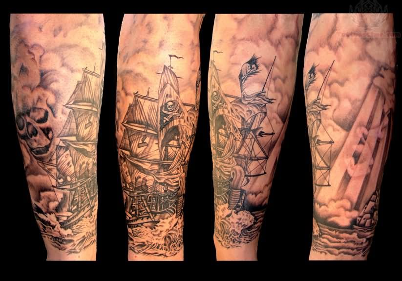 Classic Black And Grey Pirate Ship Tattoo Design For Sleeve By Andrew Sussman