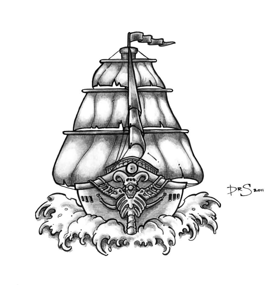 Classic Black And Grey Pirate Ship Tattoo Design