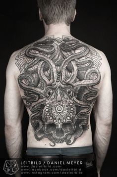 Classic Black And Grey Skull Octopus Tattoo On Man Back