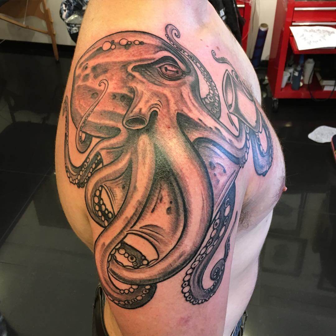 Classic Black And White Octopus Tattoo On Right Shoulder