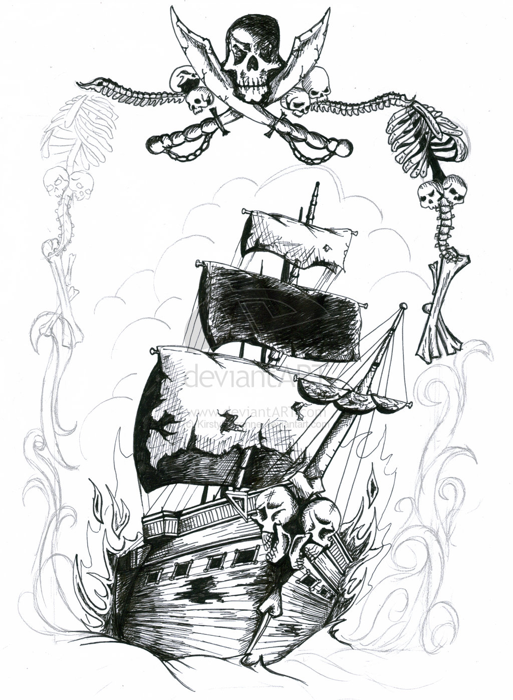 Classic Black Ink Ghost Pirate Ship Tattoo Design