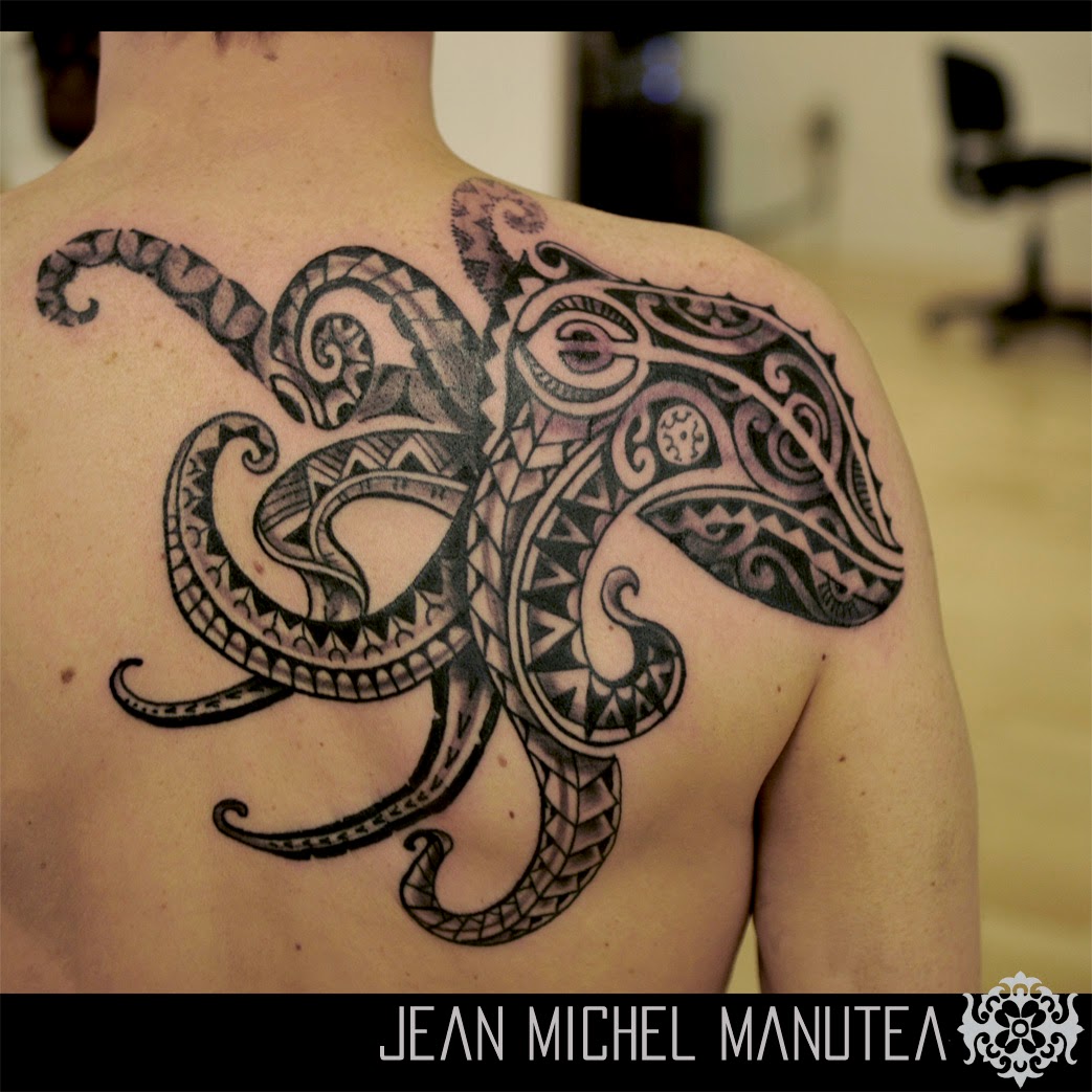 Classic Black Ink Maori Octopus Tattoo On Man Upper Back