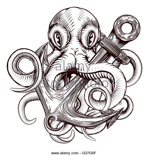 Classic Black Ink Octopus With Anchor Tattoo Design