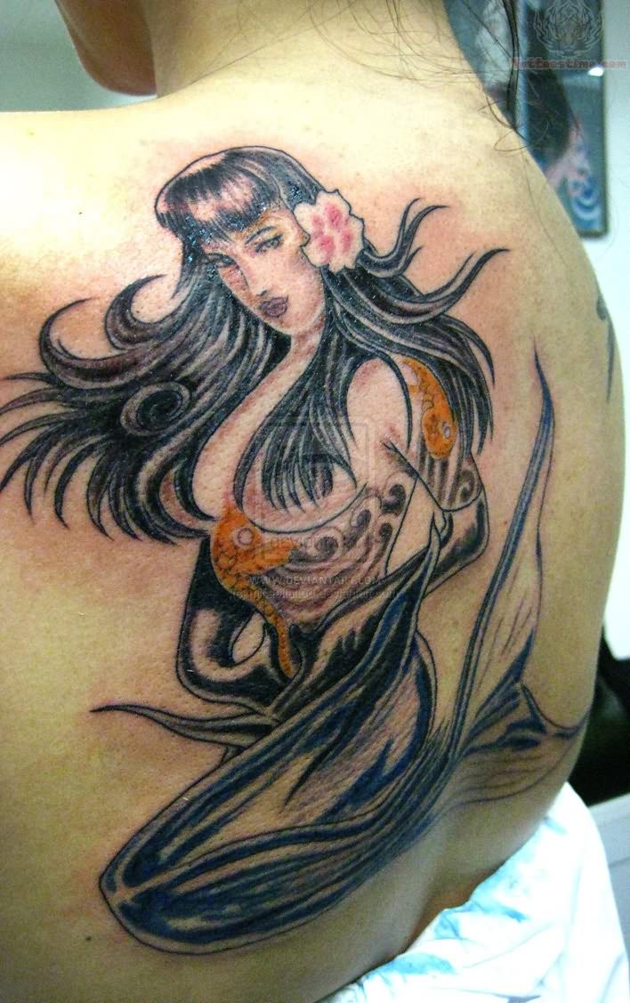 Classic Black Ink Pin Up Mermaid Tattoo On Left Back Shoulder