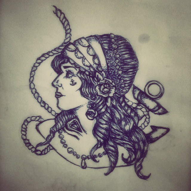 Classic Black Ink Pirate Girl Tattoo Design