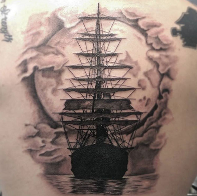 Classic Black Ink Pirate Ship With Full Moon Tattoo Design For Back By Makoto