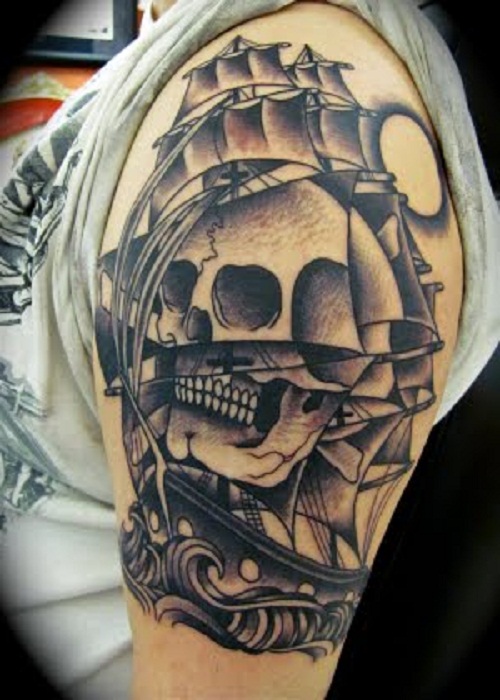 Classic Black Ink Pirate Skull With Crossbone Tattoo On Left Shoulder